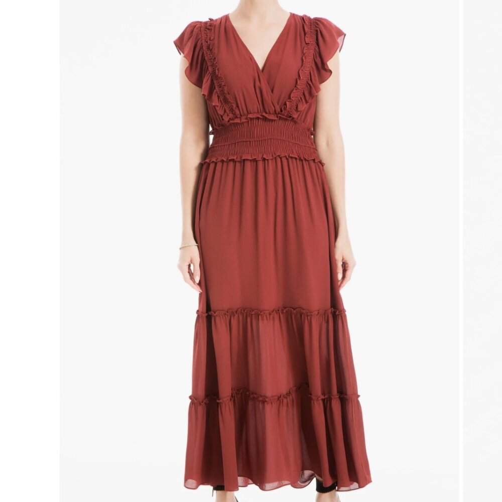 NWT MAX STUDIO Pebble Crepe Flutter Sleeve Maxi Dress - Brick Red